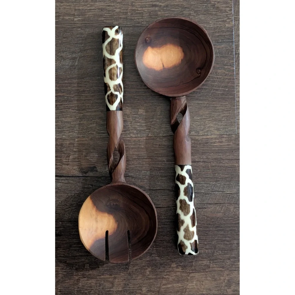 Hand-Carved African Olive Wood Salad Serving Set Giraffe Print Handles